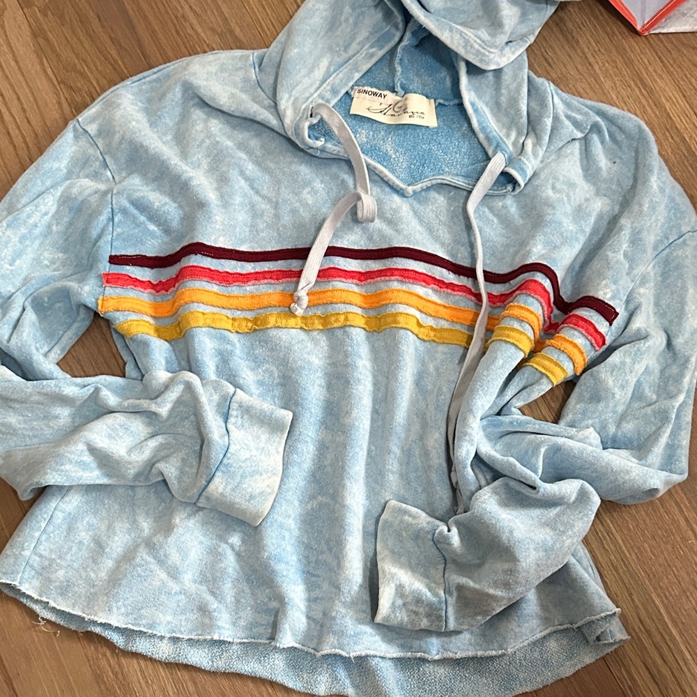 Vintage Havana Baby Blue Hoodie with Striped Design Size Small